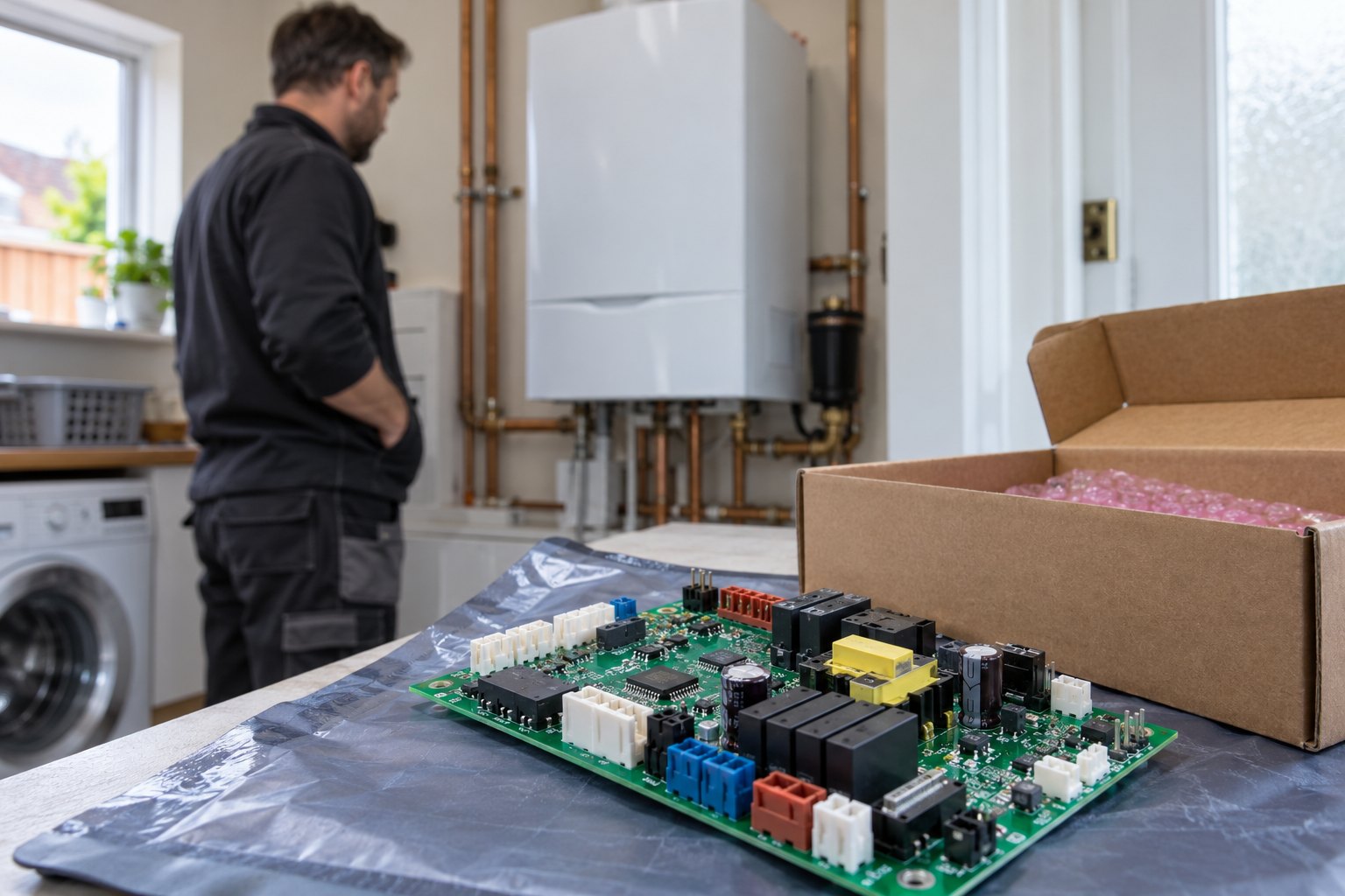 Replacement boiler circuit board on an antistatic mat ready for fitting