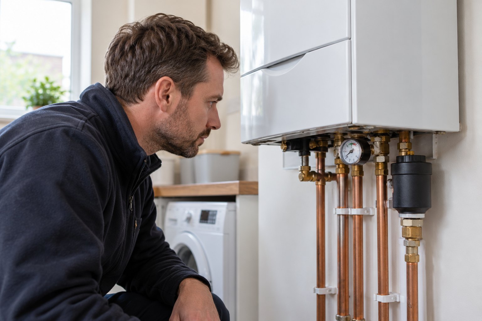 Heating engineer inspecting a pressure gauge beneath a closed boiler