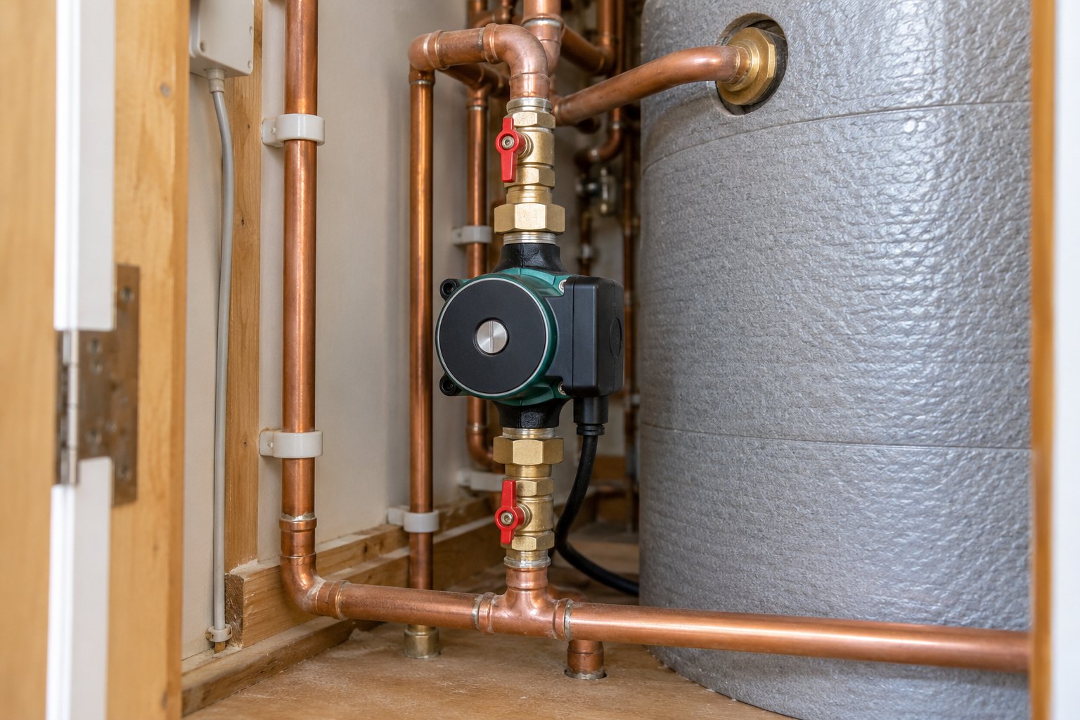 New circulating pump and isolation valves fitted beside a hot water cylinder