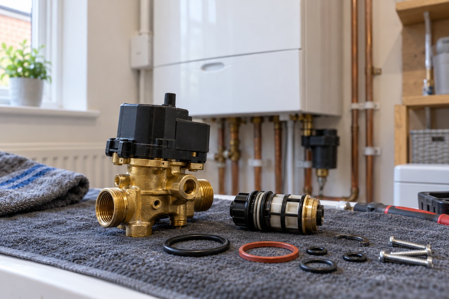 Diverter valve, actuator and replacement seals laid out for a boiler repair