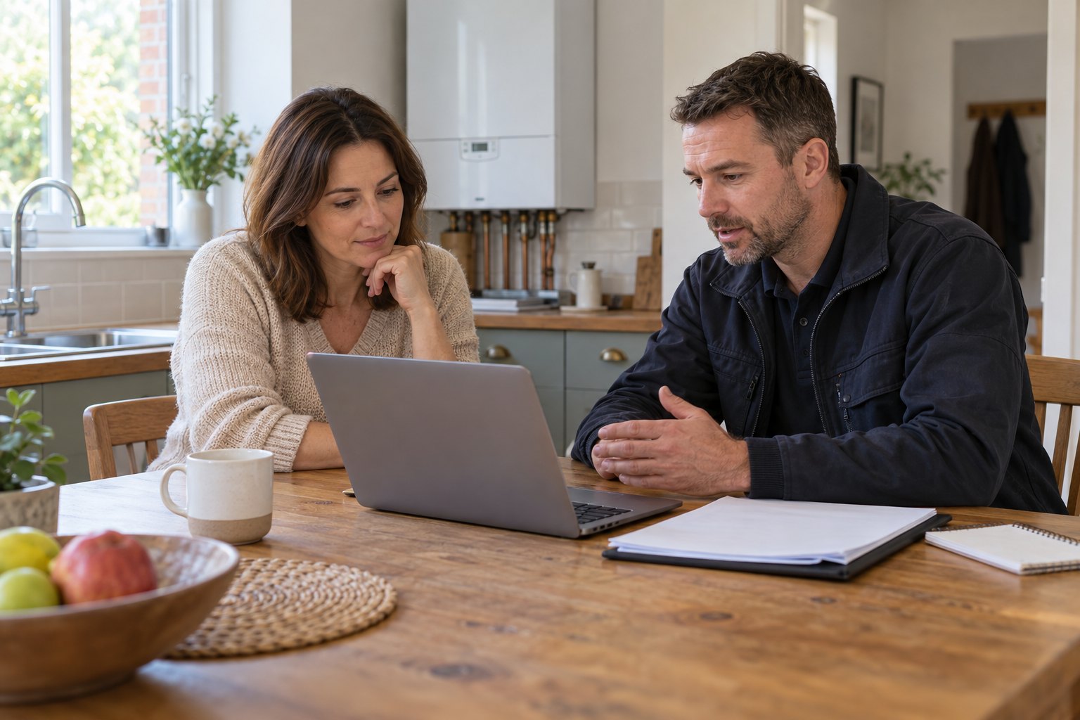 Homeowner and heating engineer reviewing an estimate at a kitchen table