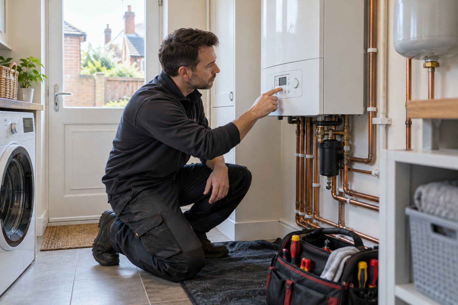 Heating engineer checking the controls of a closed boiler in a utility room