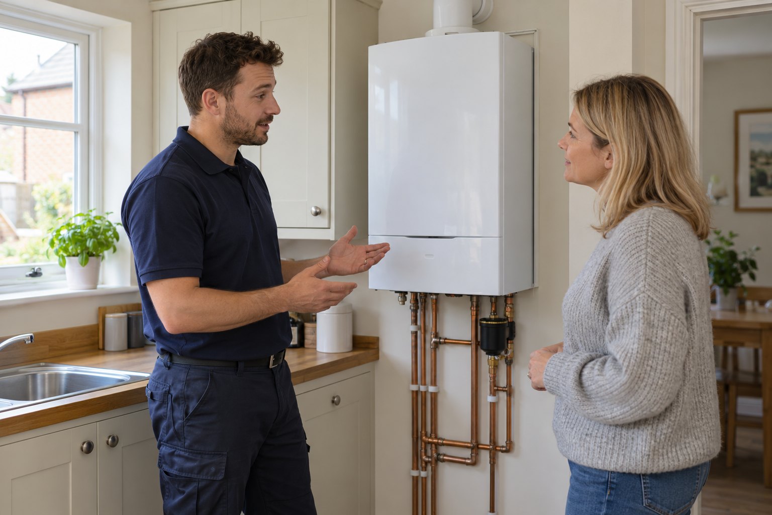 Heating engineer discussing a boiler visit with a homeowner in a kitchen
