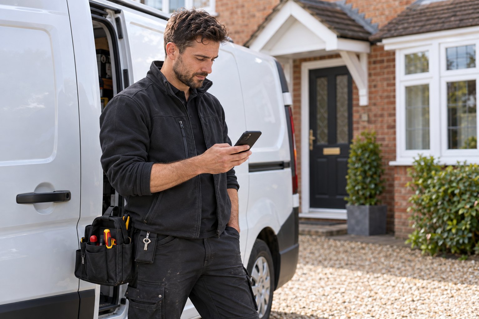 Heating engineer checking a phone beside a van on a residential driveway