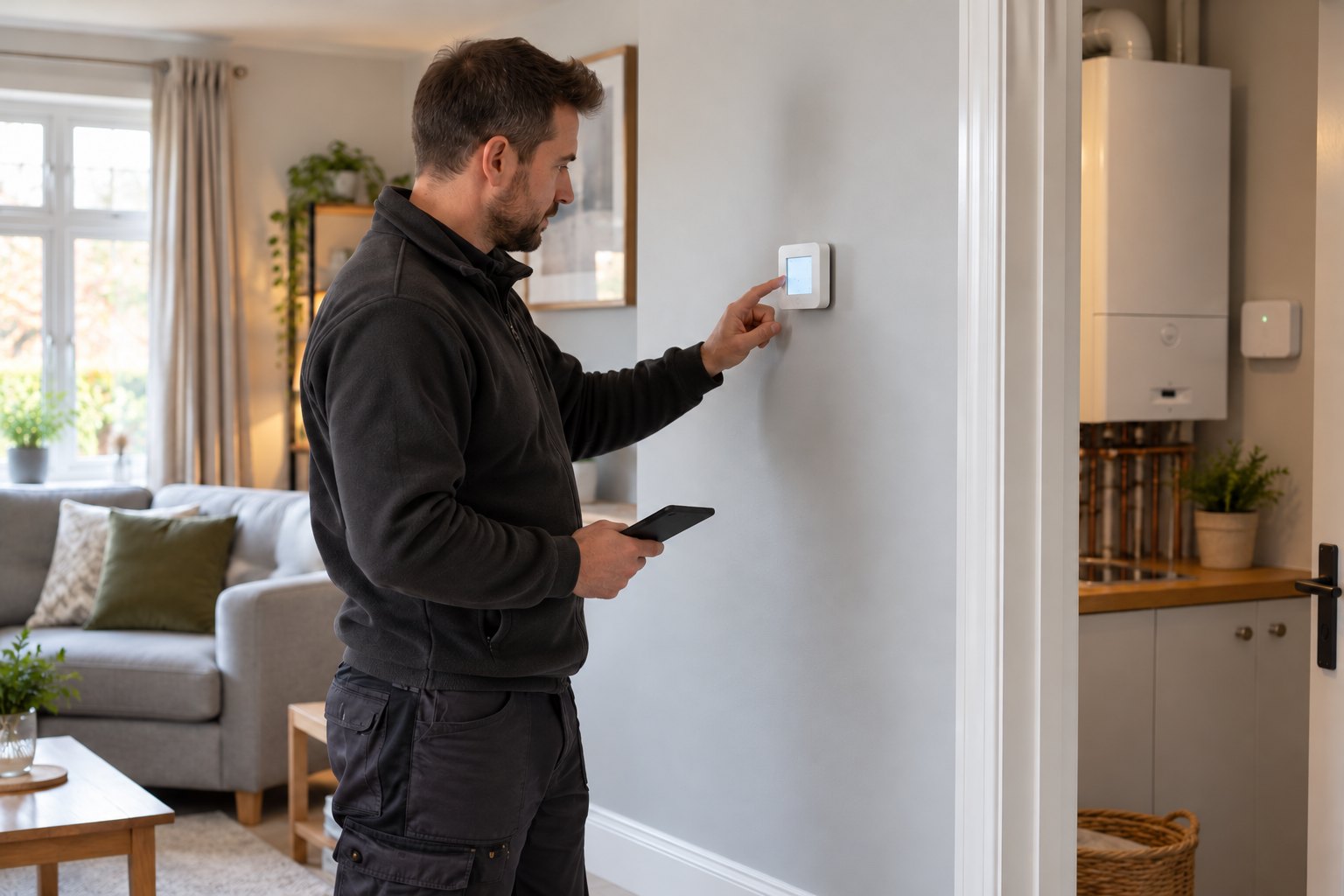 Heating engineer checking a wall-mounted thermostat away from heat sources